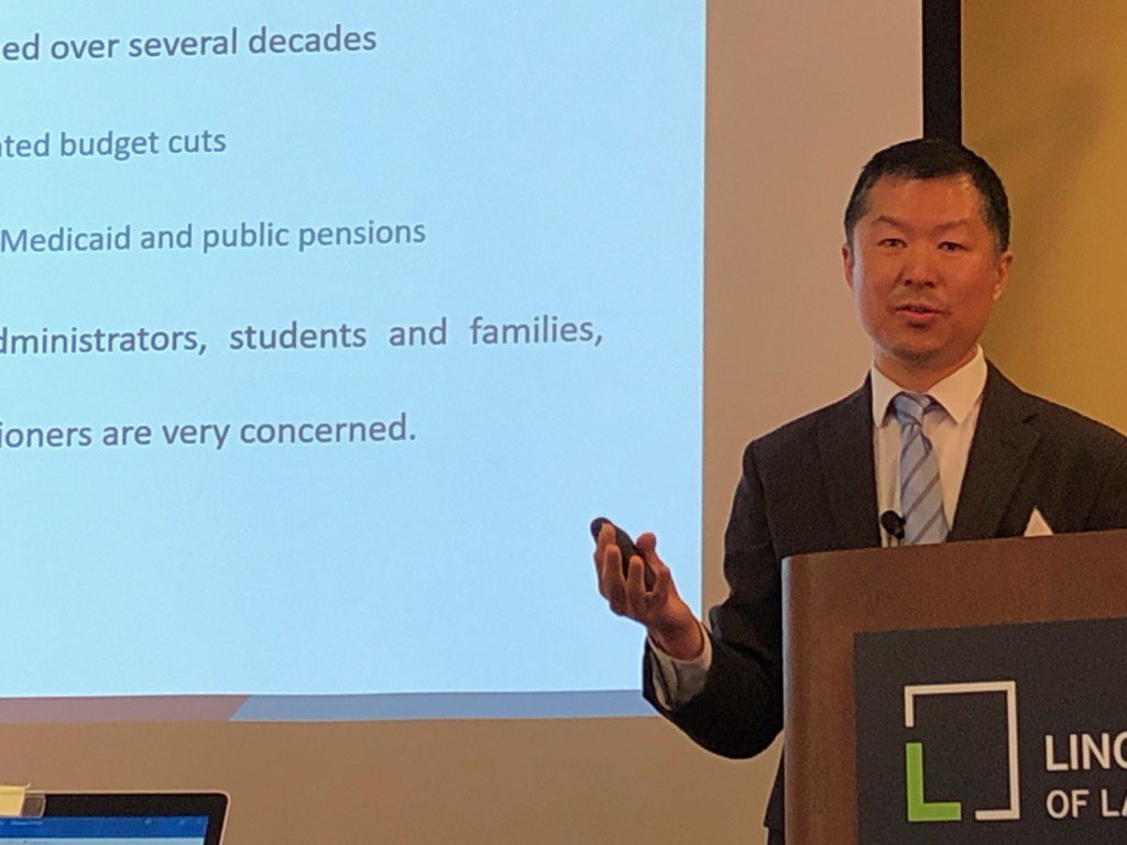 BostonFed's tweet photo. The #BostonFed's Bo Zhao presented research from his recent paper “Consequences of State Disinvestment in Public Higher Education: Lessons for the New England States" during the "Challenges and Solutions in Education" section of today's @landpolicy #EconPerspectives event. https://t.co/rdNNxAVuYo