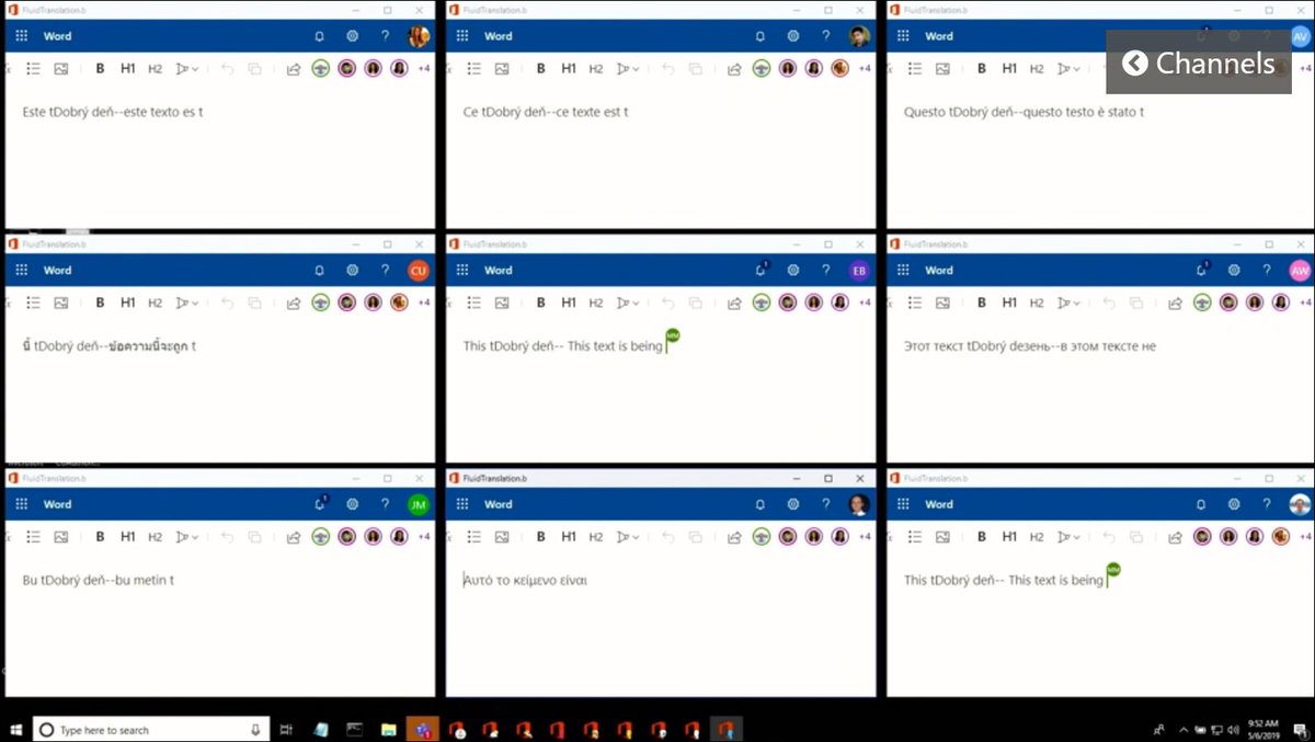 ehuna's tweet image. An example of how English text typed in Word is translated by AI to 8 languages for 8 different users anywhere in the World - FAST &amp;amp; in real-time, using the new #FluidFramework #MSBuild How will we use it in #Csharp #Dotnet #dotnetcore #ASPNET #Xamarin or #XamarinForms ?