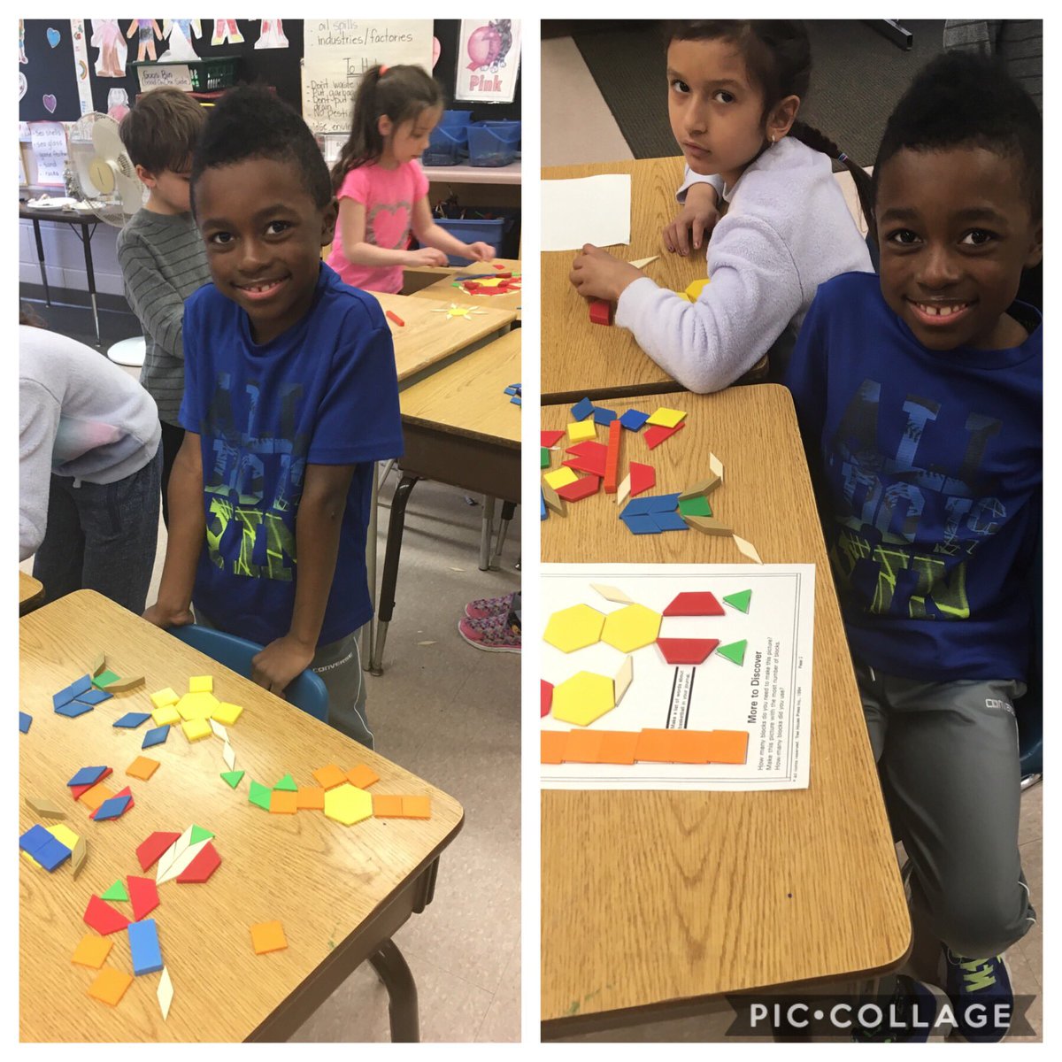 CathySc93644007's tweet photo. Making pictures with tangrams and pattern blocks in grade 1#STMTCourtice #mathgeometry #createsomethingunique #makesymmetricalpicture https://t.co/l6pSjiLEUf