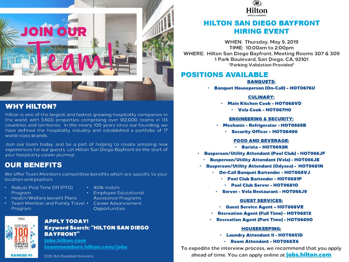 Upcoming #Hilton hiring event. We'll have on the spot interview and offers at Hilton San Diego Bayfront from 10am to 2pm on May 9th! #jobfair #CareerFair