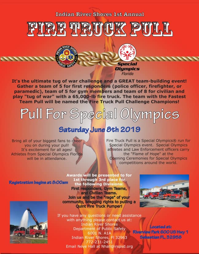 IRSPSD 1st Annual Fire Truck Pull! 
Calling all TEAMS of civilians, gyms, and first responders.

Click on the link below, fill out the registration and email it in! 
irspsd.org/copy-of-media-…

All proceeds go to the Special Olympics Florida - Indian River County