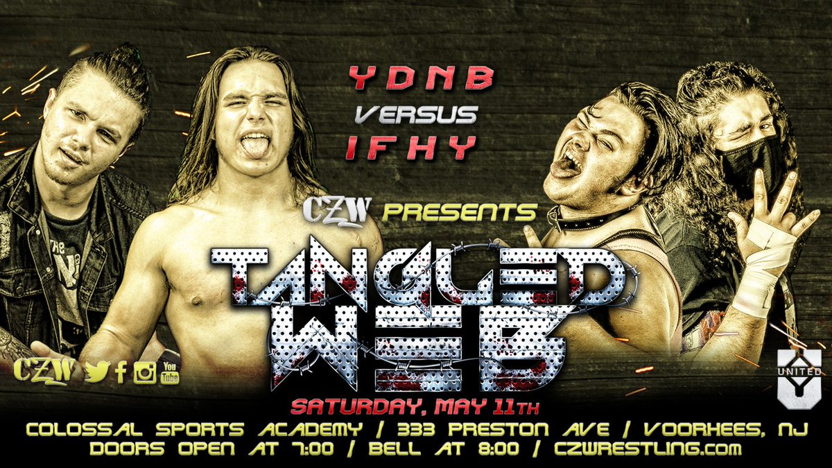 combatzone's tweet image. SATURDAY - There is unfinished business between #YDNB and #IFHY

Ellis Taylor (@TheEllisTaylor) &amp;amp; Charlie Tiger (@CharlieTiger_) don't travel alone. Will @IFHY317 have back up?

#CZW #CZWWeb19 #TangledWeb 

Tickets: tinyurl.com/CZWWeb19