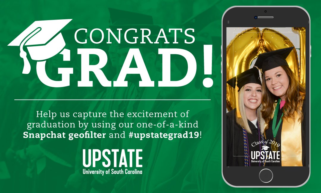 USCUpstate's tweet photo. We want to make sure you remember your big day. Use our custom filter and tag posts with #upstategrad19! See you tomorrow 🎓 https://t.co/HAH9yYKAua