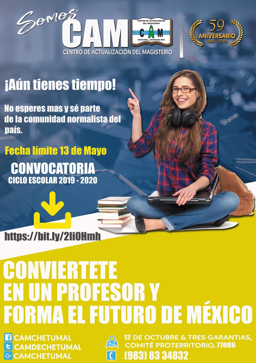 CAMdeChetumal's tweet photo. ¿Aún no te has inscrito en alguna de nuestras especialidades? ¡Aún tienes tiempo! No lo esperes más y se parte de la comunidad normalista del país.
Tienes hasta el 13 de mayo
Checa la convocatoria 👇 https://t.co/w7Hm1Boe3u
Tel. (983) 83 3 4832
#SomosCAM
#SomosNormalistas https://t.co/NXot5iiEXP