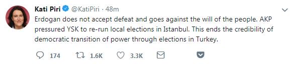 Avrupa Parlamentosu (AP) Türkiye Raportörü Kati Piri: "AKP, YSK üzerinde İstanbul'da seçimlerin yenilenmesi için baskı kurdu, Türkiye'de iktidarın demokratik geçişinin seçimler yoluyla olmasına duyulan güven sona erdi"
bbc.in/2GZdEPw