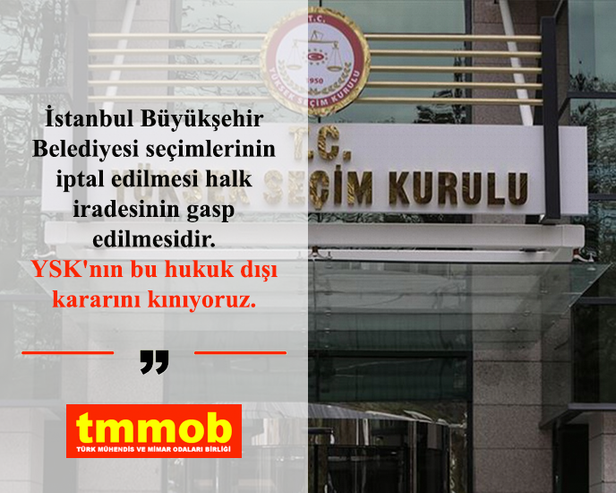 TMMOB1954's tweet photo. İstanbul Büyükşehir Belediyesi seçimlerinin iptal edilmesi halk iradesinin gasp edilmesidir. YSK'nın bu hukuk dışı kararını kınıyoruz! https://t.co/TSvqB3FVqG