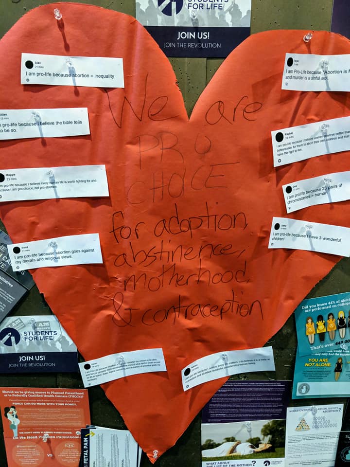 SFLMorrisMN's tweet photo. A while ago, people of the pro-choice side thought it would be real funny to vandalize our collage. Little did they know, we are the true group for choice just not for abortion.  #ProlifeIsProwoman #resistinfanticide https://t.co/dy9M67gmpC