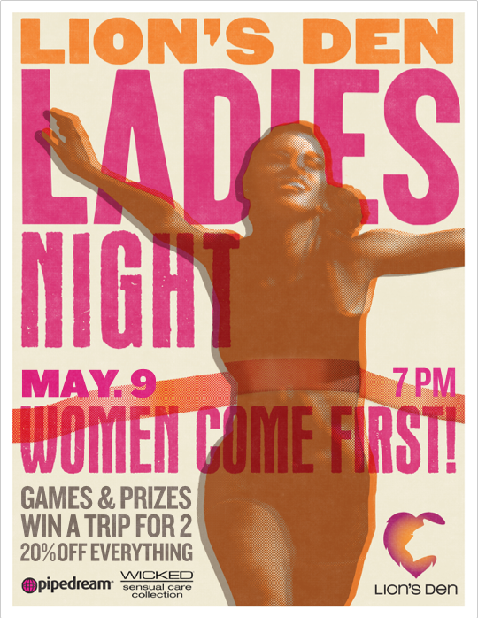 thelionsden's tweet photo. Join us 5/9/19 for Ladies Night! 🏝️ ✈️ Enter to WIN a #vacation #trip for two - 20% OFF everything in the store - #Games, #Prizes, and More! For details visit: https://t.co/G7f8ia4nda | Powered by @pipedreamtoys and @WickedSensual 💖#ladiesnight #womencomefirst #lionsden https://t.co/ri5CtZaSYR