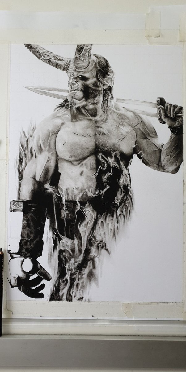 SiPIllustration's tweet photo. Currently drawing @DavidKHarbour as Hellboy. Size A3 in Charcoal pencils. I'm hoping he will sign it for me at london @MCMComicCon later this month. Got my fingers crossed! About 5-6 hours of drawing remaining I reckon. https://t.co/vhbD92gLK2