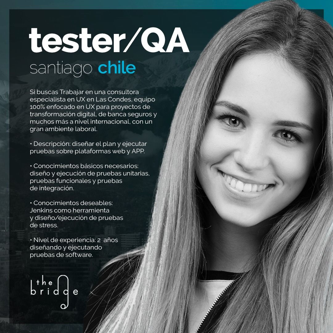 thebridgejobs's tweet photo. Tester / QA • Santiago de Chile 🇨🇱
➡️ Postular CV:
https://t.co/XPy5zEDoTb
#devjobs #TheBridge #tester #testing #qualityassurance #qa #softwaredevelopment #webuildyoucross https://t.co/Y3HC13koOr
