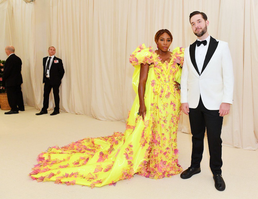 Atoms's tweet image. 1 of 1 leather Atoms for @alexisohanian with the GOAT @serenawilliams. #MetGala2019