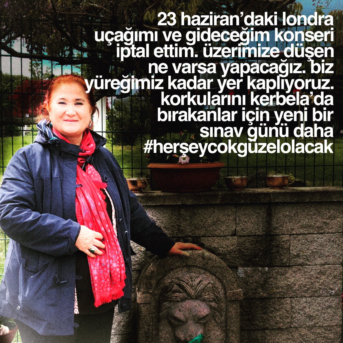 sabahatakkiraz's tweet photo. 23 Haziran’daki Londra uçağımı ve Gideceğim konseri iptal ettim. Üzerimize düşen ne varsa yapacağız. Biz yüreğimiz kadar yer kaplıyoruz. Korkularını Kerbela’da bırakanlar için yeni bir sınav günü daha #herşeycokgüzelolacak https://t.co/VdfnPl6E8e