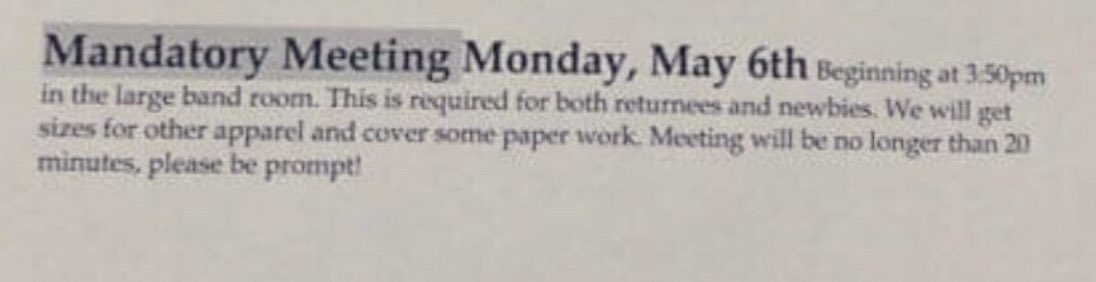 whssenate's tweet photo. Hey West! If you made it into color guard don’t forget to go to the mandatory meeting in the large band room today at 3:50. 🏳️🔴⚪️ #DavenportWest #ColorGuard https://t.co/wp5t0ZoJK5