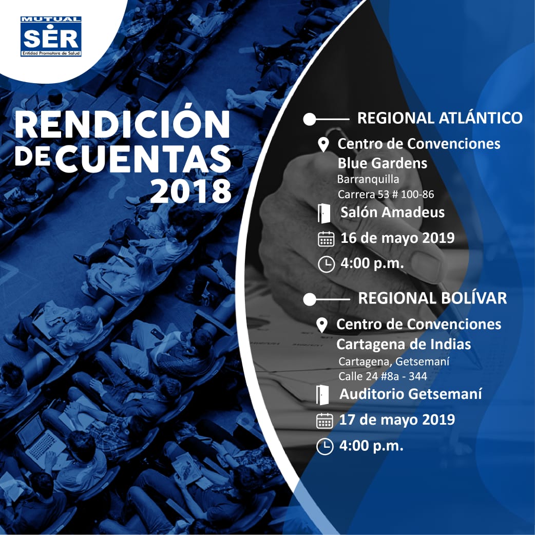mutualser_'s tweet photo. Mutual SER EPS tiene el gusto de invitarte a su Audiencia Pública de Rendición de Cuentas  2018, que se llevará a cabo los días 16 y 17 de mayo en las ciudades de Barranquilla y Cartagena, respectivamente. #MutualSEREPS https://t.co/uf3uGh63Nf