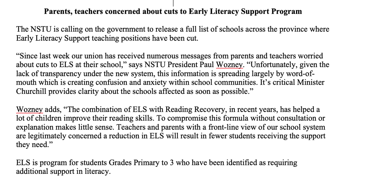 It's now widely known that schools across Nova Scotia have had their Early Literacy Support program (ELS) cut. We are asking the Minister to release a full list of the schools impacted. #nsed #nspoli 

nstu.ca/the-nstu/commu… …