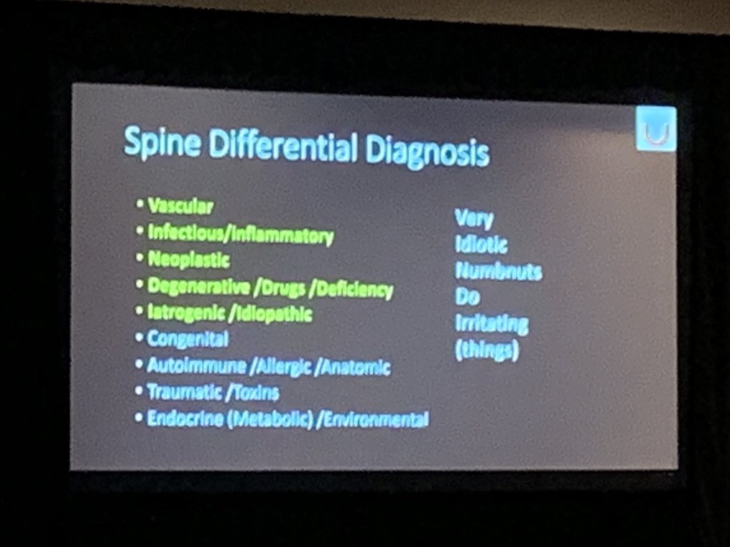 nakoontz's tweet image. @lubdha_shah dropping knowledge about #SpineRad compartment-based DDx, #mnemonics, abbreviated imaging protocols, AND topical diagnoses like #SurferMyelopathy — you should be here! #ARRS19 @UofUNeuro