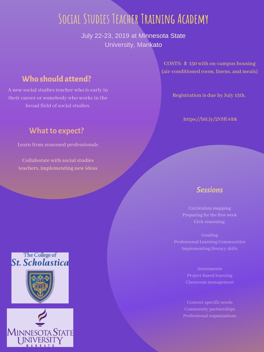 CSSSOE's tweet photo. New to teaching social studies? There is a really awesome opportunity @MNSUMankatoto to attend a Social Studies Teacher Training Academy! You will have the opportunity to collaborate with other teachers and grow in your teaching skills for next year. #CSSEdu https://t.co/mUQnriVDEk