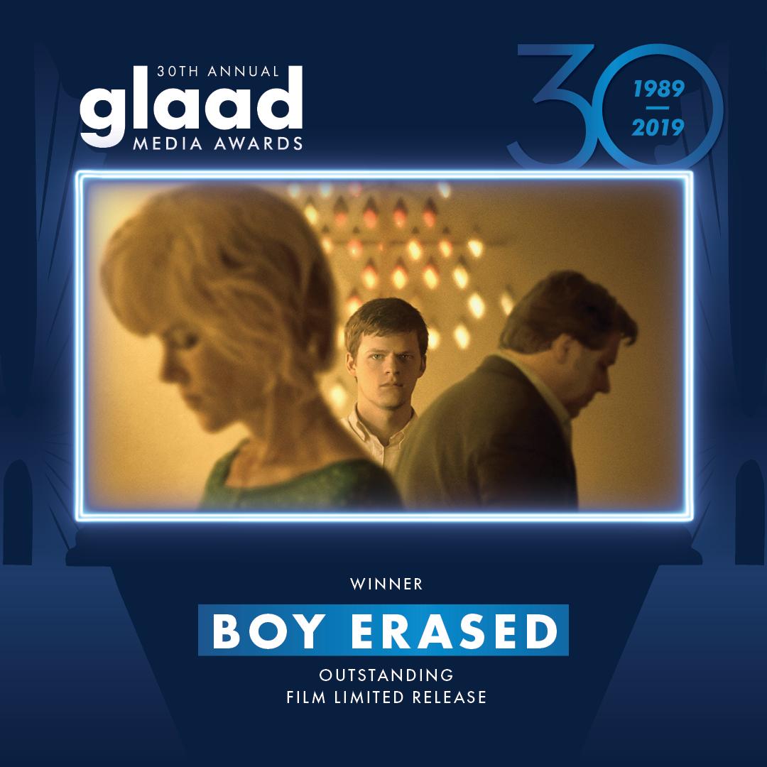 Congratulations to #BoyErased, winner of <a href="/glaad/">GLAAD</a> Media Awards’ Outstanding Film - Limited Release 💜