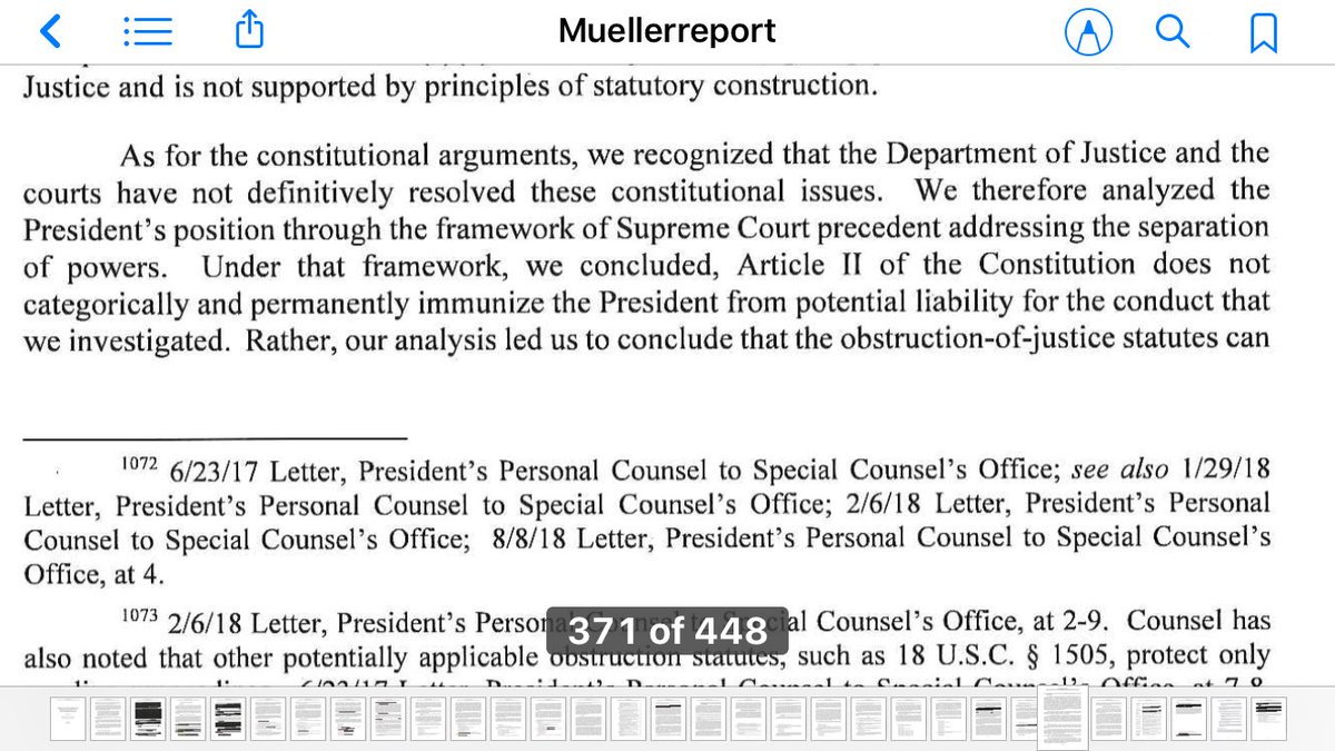 83. PRES NOT IMMUNE: President is NOT immunized from liability for conduct SOC investigated. The obstruction of justice statutes validly prohibit a president’s corrupt efforts to use official powers to interfere with an investigationPerspective: Mueller hands baton to Congress