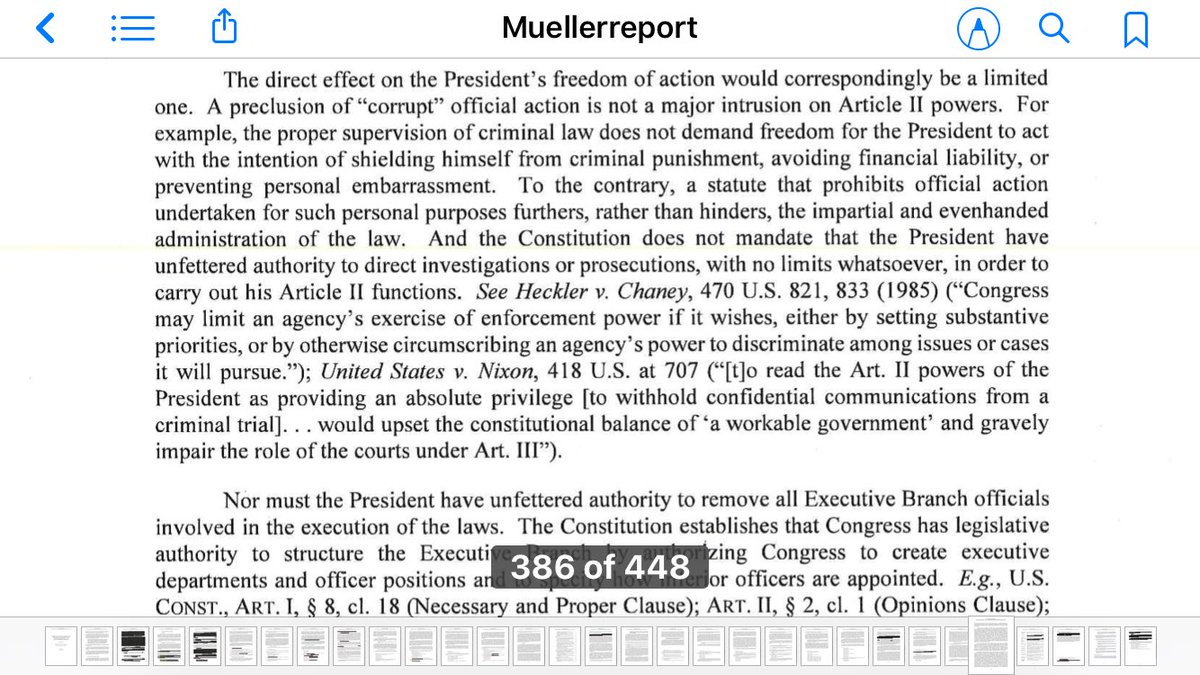 83. PRES NOT IMMUNE: President is NOT immunized from liability for conduct SOC investigated. The obstruction of justice statutes validly prohibit a president’s corrupt efforts to use official powers to interfere with an investigationPerspective: Mueller hands baton to Congress