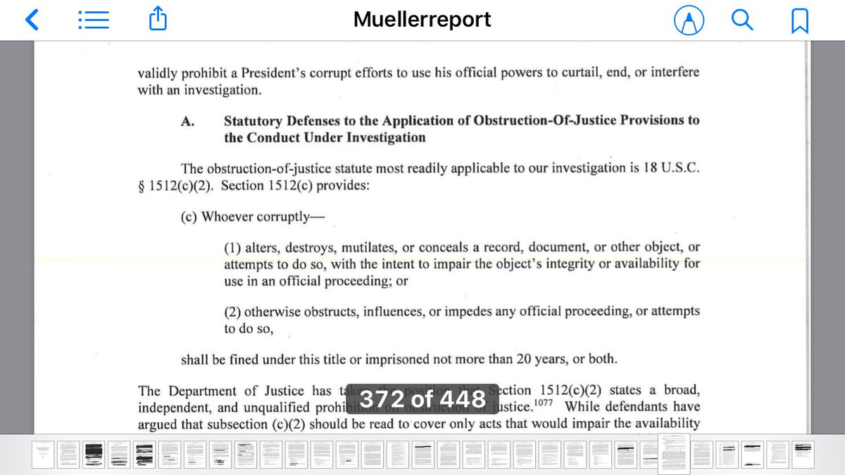 83. PRES NOT IMMUNE: President is NOT immunized from liability for conduct SOC investigated. The obstruction of justice statutes validly prohibit a president’s corrupt efforts to use official powers to interfere with an investigationPerspective: Mueller hands baton to Congress