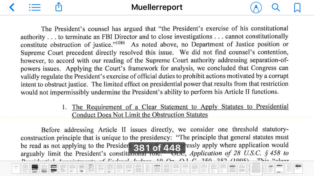 83. PRES NOT IMMUNE: President is NOT immunized from liability for conduct SOC investigated. The obstruction of justice statutes validly prohibit a president’s corrupt efforts to use official powers to interfere with an investigationPerspective: Mueller hands baton to Congress