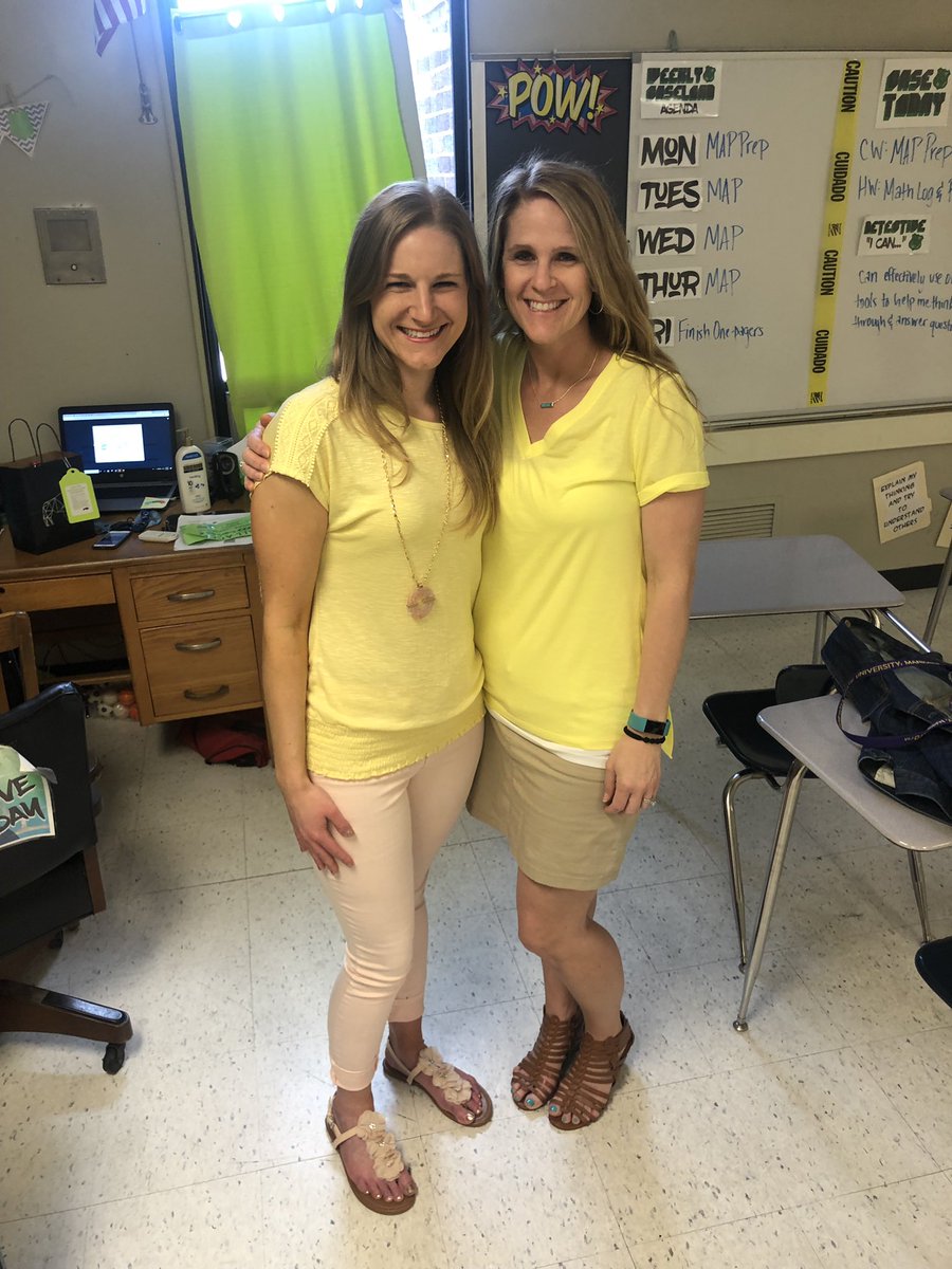 abby_stout13's tweet photo. So..... we DID NOT plan this. 😂❤️Cheers to my math twin and quite possibly my doppelgänger in real life! @MrsCates6 - we just need @Allison_Howell6 to join in and be our A Cubed team to start this week of MAP testing! #TwinningIsWinning #MathNerds #MAPweek https://t.co/8g1yOWanAp