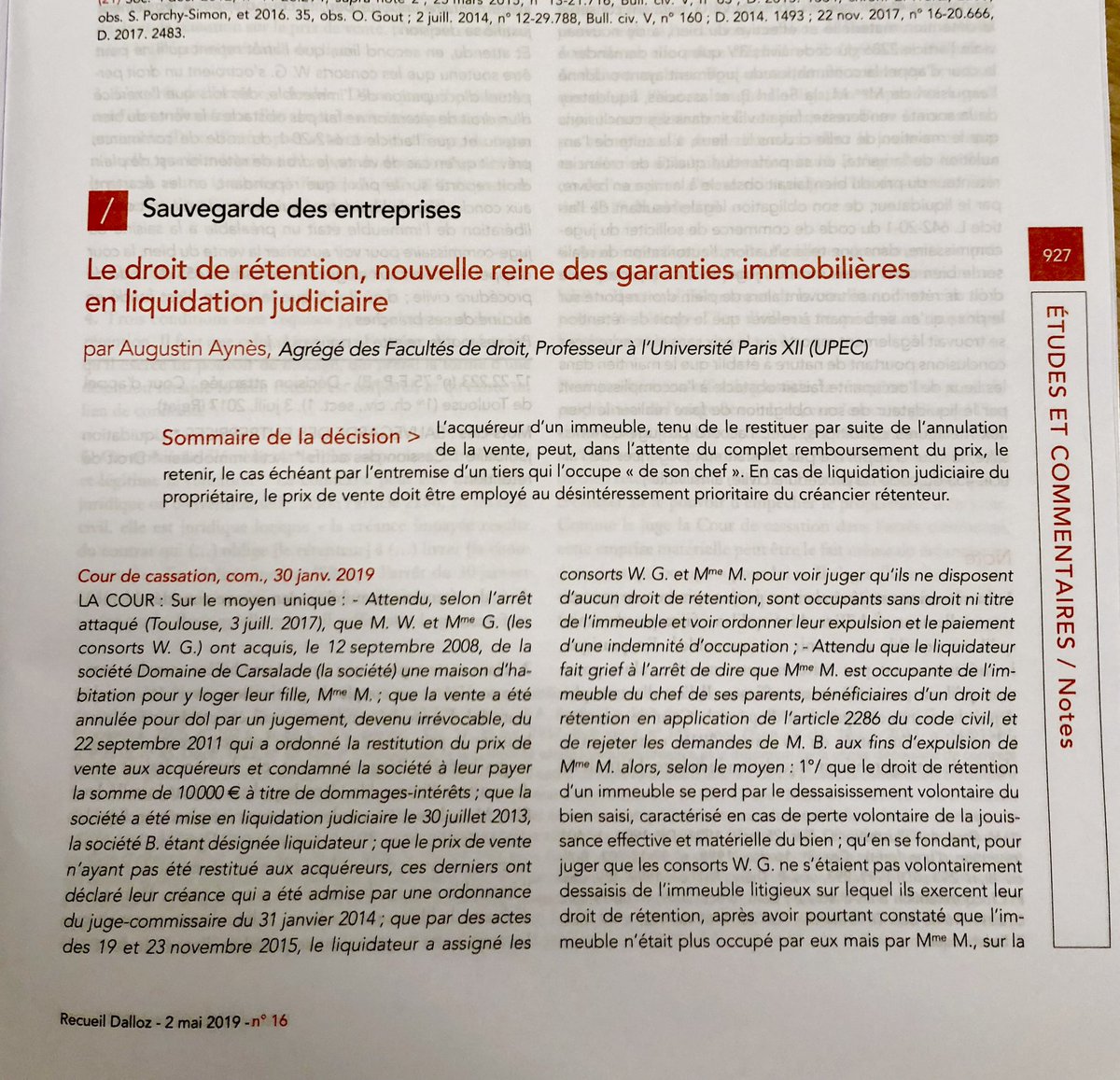 Vient de paraître au Recueil Dalloz