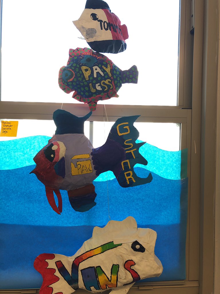AccumulationArt's tweet photo. Designer maché fish and perspective lettering. Art 1 is filling the halls! #newtechcollinwood https://t.co/3C2dGqDhRj