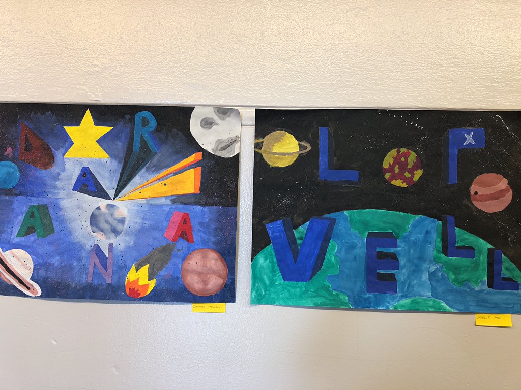 AccumulationArt's tweet photo. Designer maché fish and perspective lettering. Art 1 is filling the halls! #newtechcollinwood https://t.co/3C2dGqDhRj