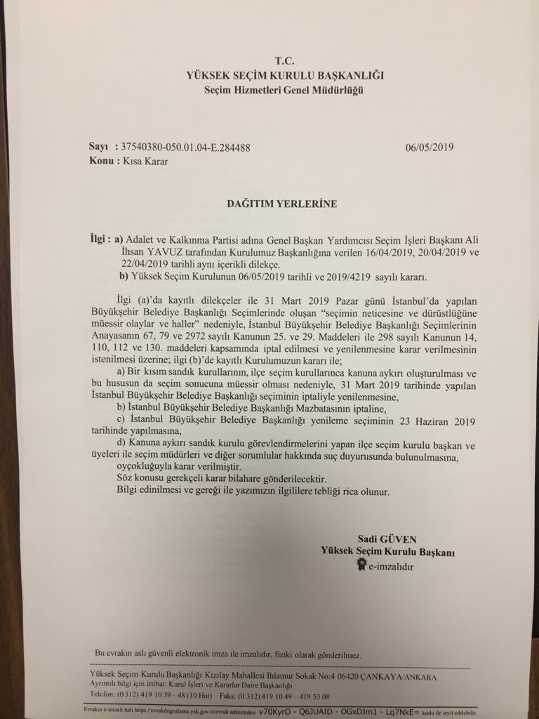 Yüksek Seçim Kurulu, “bir kısım sandık kurullarının kanuna aykırı oluşturulduğu” gerekçesiyle seçimi iptal etti.
Sandık kurullarını kim oluşturdu?
İl ve ilçe seçim kurulları.
İl ve ilçe seçim kurullarını kim oluşturdu?
Yüksek Seçim Kurulu...