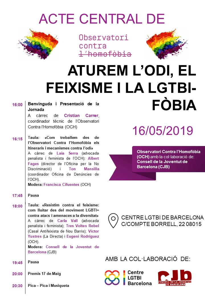 Observatori_cat's tweet photo. Acte Central de l'@OCL_H al voltant del #17MaigDiaContraLGTBIfòbia. "Aturem l'Odi, el Feixisme i l'LGTBI-FÒBIA" taules rodones , #Premis17M, musiqueta i pica pica. Proper dijous 16 de maig de 16h a 21h a @BarcelonaLGTBI . Amb la col•laboració de @cjbcn . https://t.co/chblzlFbTt