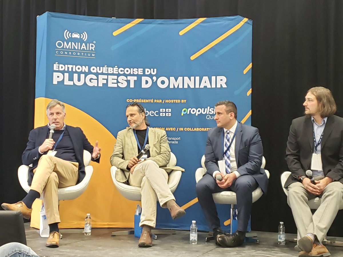 OmniAirCon's tweet photo. We have saved the best for last &amp; are closing out day 1 of #QuebecPlugfest activities w/ a lively discussion of future trends in #connected &amp; smart mobility. Panelists include @PatrickLauzier3 @Intersect_IoT, Justin Johnson @3M, @Raed_Kadri1 @OCEinnovation @1garsvert @IBMCanada https://t.co/faihyVMAIZ