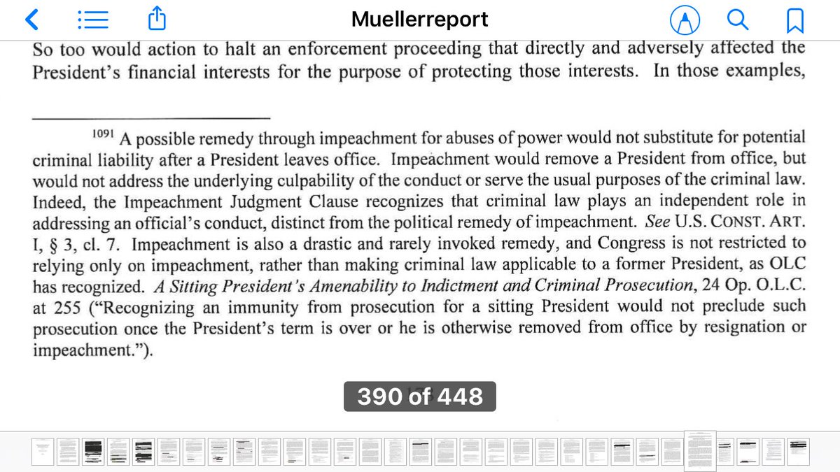 85. FOOTNOTES THAT NEED KLIEG LIGHTS:Sing it..“A possible remedy thru impeachmentFor abuses of powerWould not substitute for potential criminal liability After a president leaves office...”Perspective: Impeach, charge, convict cuz lawd knows he won’t resign.  #Clingy45