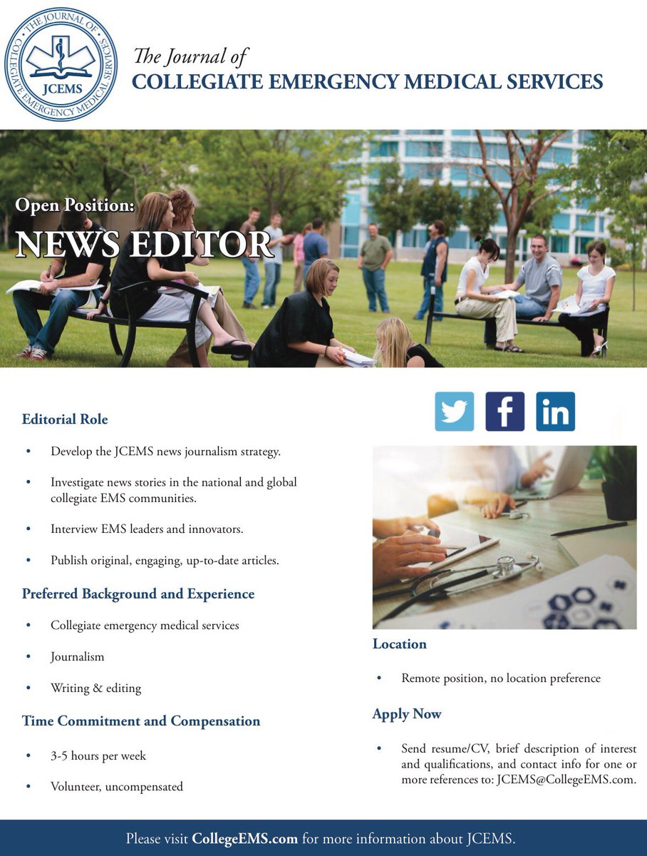 Interested in joining JCEMS? Consider applying for the position of News Editor! Interested in applying? Send a resume/CV, brief description of qualifications/interest, and contact information for at least on reference to JCEMS@CollegeEMS.com 
Visit: collegeems.com/editorial-boar…