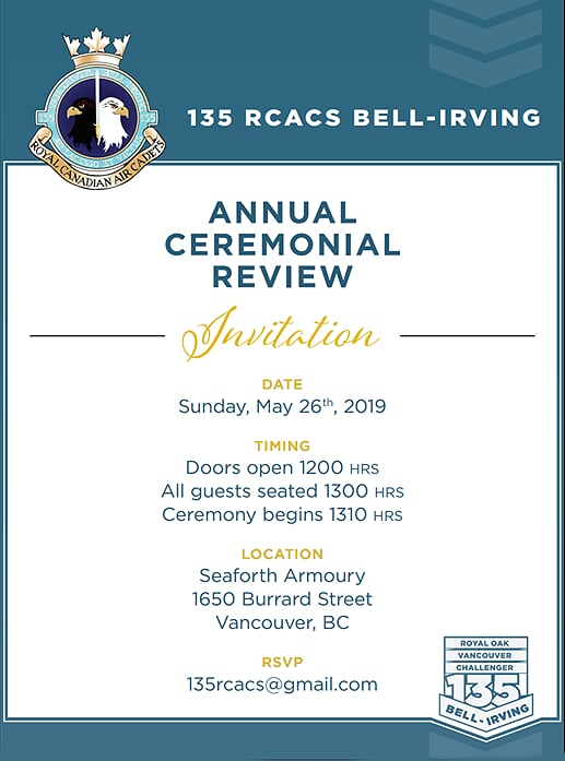 SeaforthOfC's tweet photo. The Commanding Officer, Officers, and Cadets of the 135 Bell-Irving Squadron cordially invite you to attend their Annual Ceremonial Review on Sunday May 26th at the Seaforth Armoury #Vancouver #RCAC #CanadianCadets #SeaforthArmoury #SeaforthHighlandersOfCanada https://t.co/KPPTAuD46v