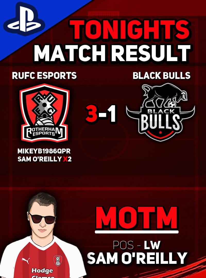 RUFCEsports's tweet image. ‼️ Tonight&apos;s Result‼️

| RUFC eSports 3 - 1 @BlackBullsTeam |
| 🏆 @VPGL1S |
| ⚽ @Sam_OReilly1 X2 |
| ⚽ #MikeyB |

GG @BlackBullsTeam and nice cheeky Goal! 👏

⚪🔴

#️⃣ #UTM

@OfficialVPG @OfficialRUFC @RU_CST