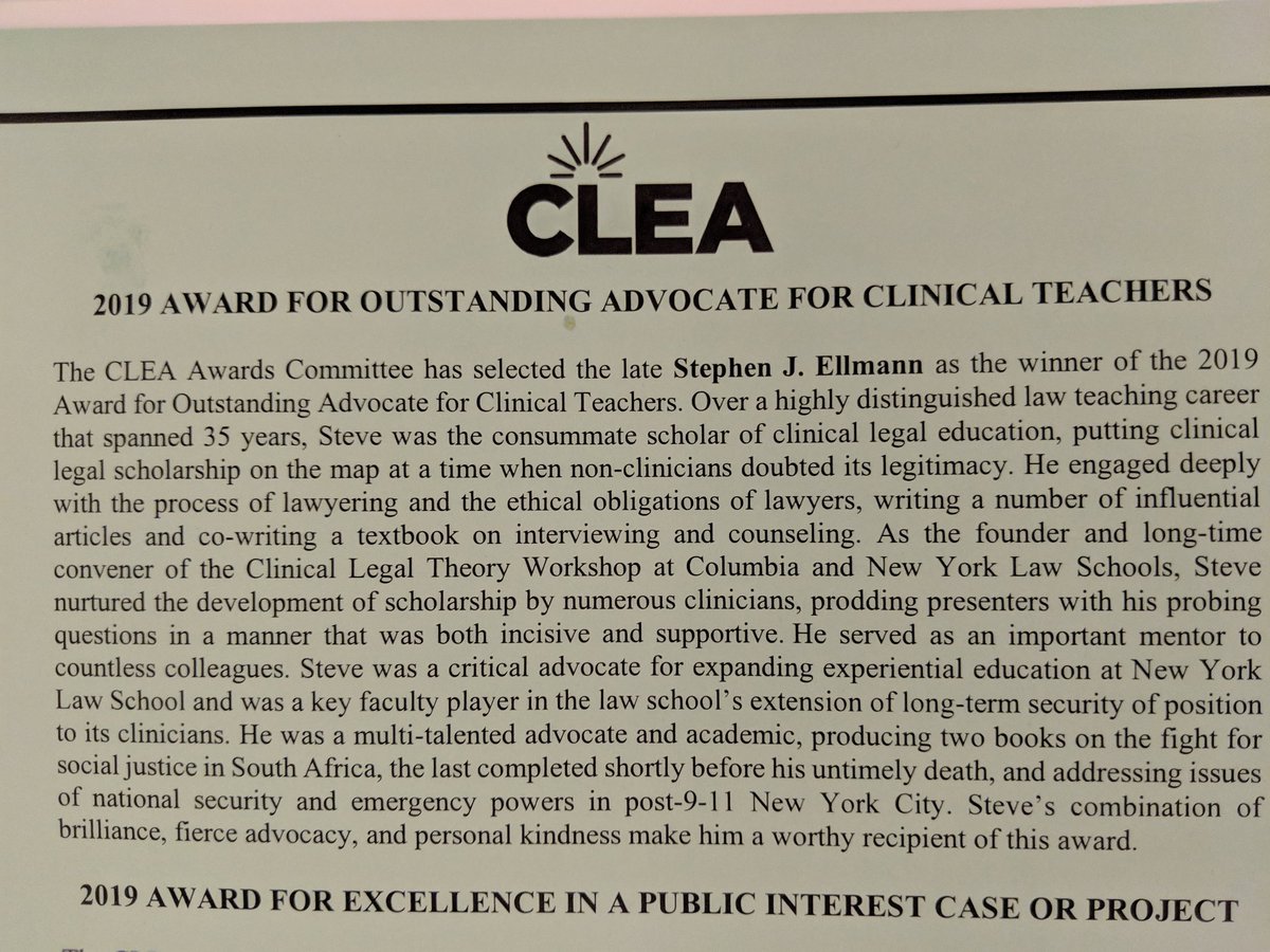 CLEA honors the late Prof  Stephen J. Ellman as the 2019 Outstanding Advocate for Clinical Education for his incalculable contributions and structures to advance clinical scholarship and scholarship by clinicians. #AALSClinical