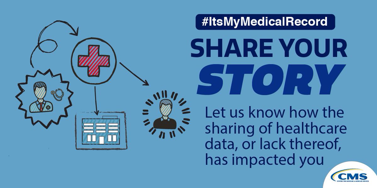 SeemaCMS's tweet photo. Had trouble getting your health records? Or getting your doctor to share your records with other doctors? Tell us about your experience moving your health data between your drs, specialists &amp; health insurance plans &amp; the impact on you. Submit your story: MyHealthEData@cms.hhs.gov https://t.co/ZVxlH5aiTB