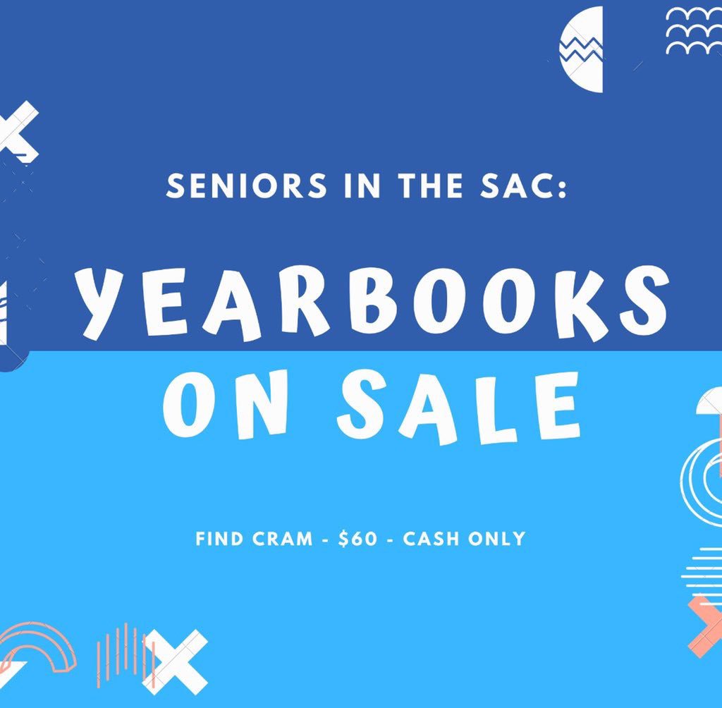 SENIORS don’t forget Ms. Cram will be in the SAC tomorrow and Wednesday next week if you still need to buy your yearbook! 

LAST DAY IS MAY 15