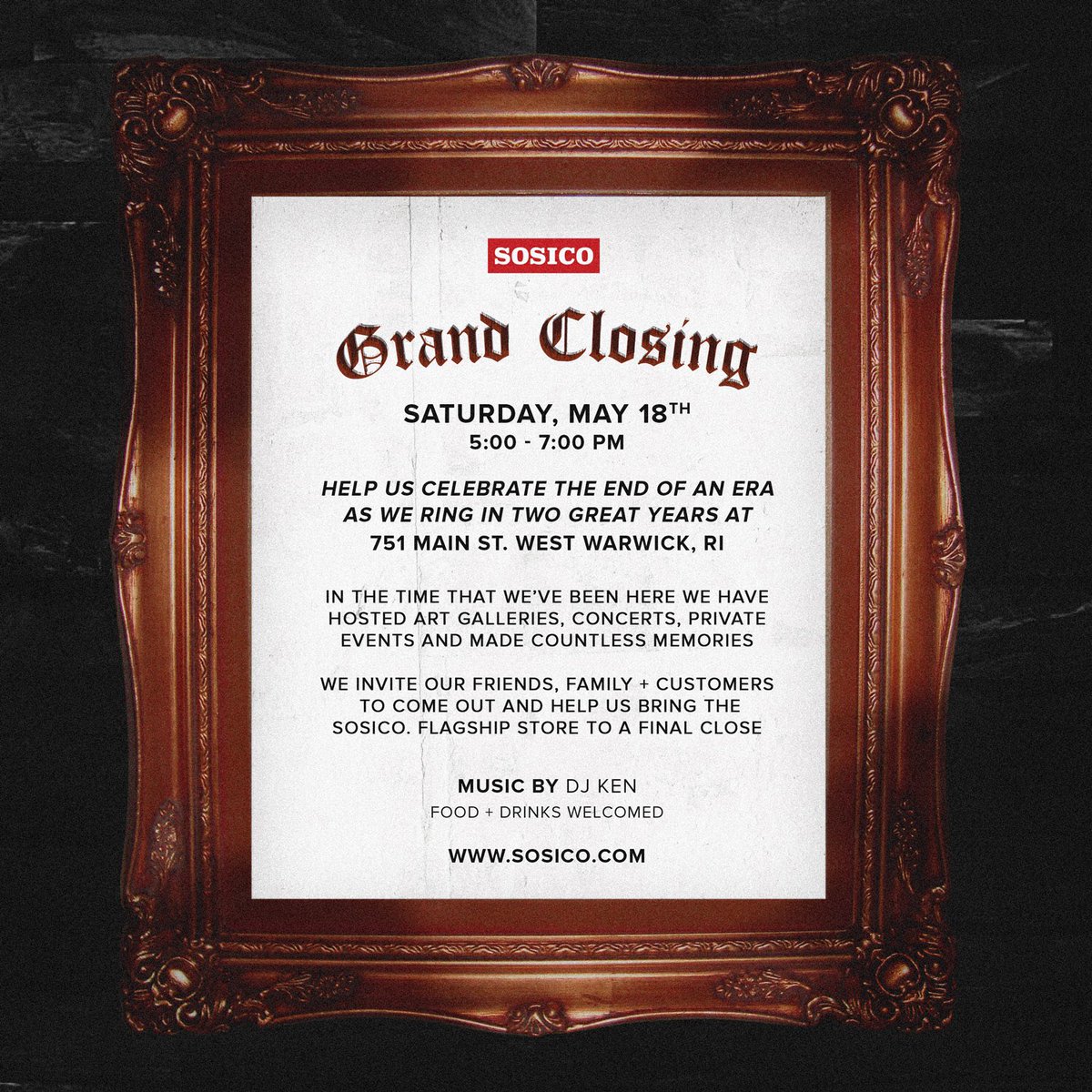 sosico's tweet photo. Thank you all for two great years. Join us as we close the doors to the SOSICO. flagship store one final time! #SOSICO https://t.co/pBQL3dj8Pv