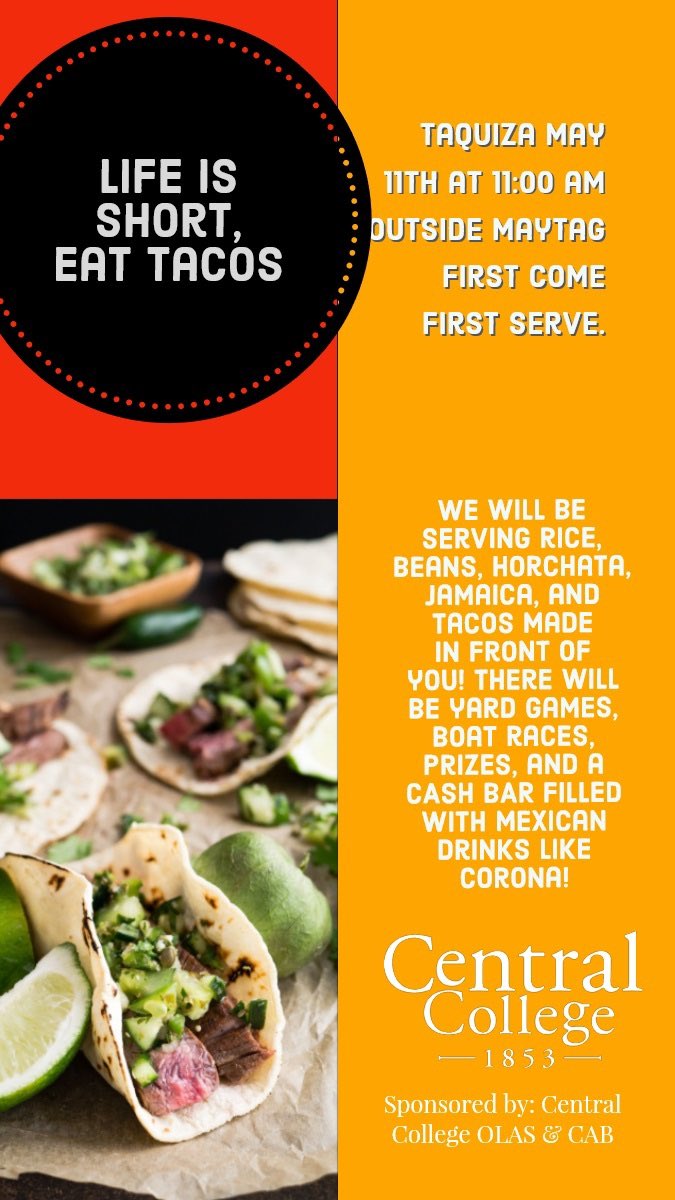 OLAS_central's tweet image. Hey guys be sure to check out the Taquiza event outside of Maytag this Saturday, May 11th!! Tacos de carné asada and al Pastor(steak and pork) a cash bar, and yard games. It’s an open meal swipe so there’s no need to sign up. Come, relax and enjoy your last Saturday on campus!🌮