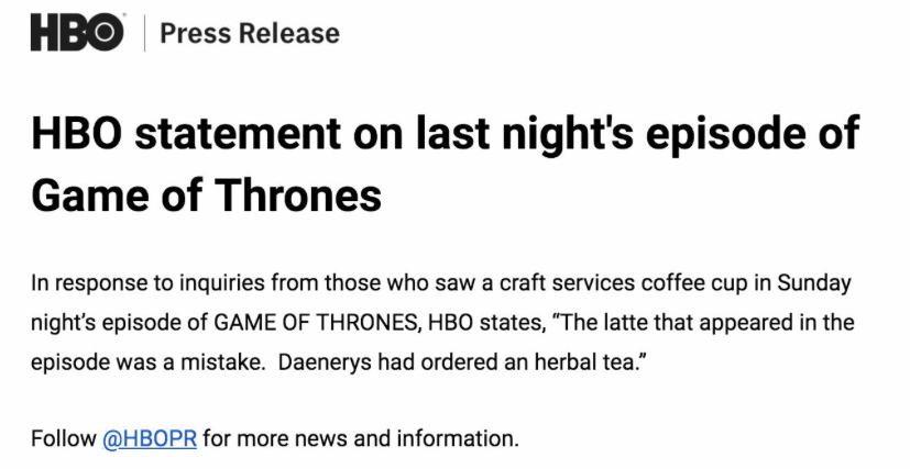 Los7Reinos's tweet photo. Nota de prensa de @HBOPR sobre el fallo de la taza de café en el último episodio.

#juegodetronos8x04 https://t.co/aR9Q85IDGi