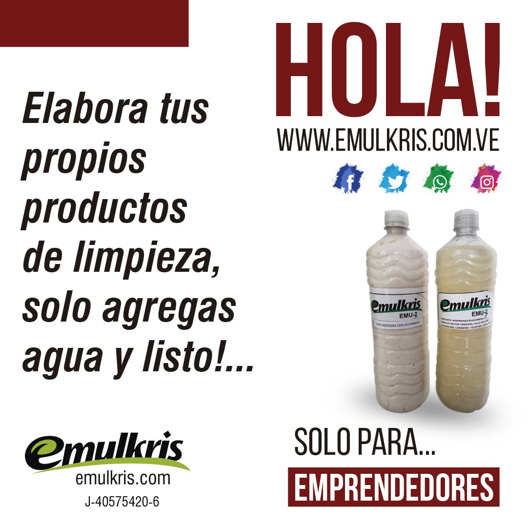 Emulkris's tweet photo. Produce tus propios productos: ¡Solo agregas agua y listo! y podrás obtener, Desinfectante, Detergente líquido, Shampoo para el cabello y otros productos.
 
Contáctanos: 
0412.447.95.57  
0416.545.50-43

Visítanos:
https://t.co/bQntgKeDrG https://t.co/MFHrg4FlYd