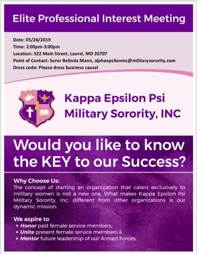 KEY_BAE_Chapter's tweet photo. 🗣🗣Elite Professional Interest Meeting : Come and learn more about our Sisterhood, Community Service opportunities and so much more. #key #kappaepsilonpsi #kappaepsilonpsimilitarysorority #kappaepsilonpsimilitarysororityincorporate #womenofservice https://t.co/t1wfBu0AiV