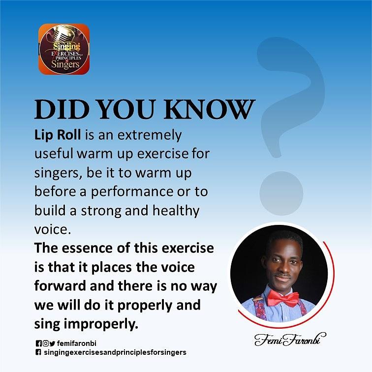 femifaronbi's tweet photo. Monday Motivation for #Singers @femifaronbi
DID YOU KNOW?
Lip Roll is an extremely useful warm up exercise for singers? L
#mysingersdiary #liproll #vocalists #musician #music #vocalhealth #singers #voicecoach #vocalcoach
#singingexercisesandprinciplesforsingers #femfaronbi https://t.co/XqBJ9gwnW8