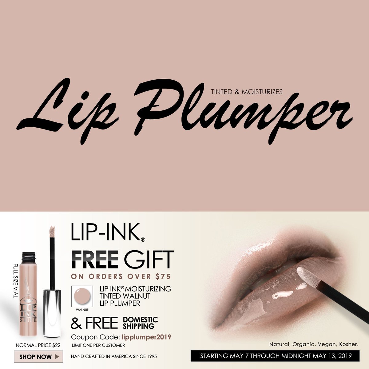 LipInk's tweet photo. Receive this free gift on orders over $75. It's our lip plumper in walnut tint which also moisturizes!

#makeup #mua #makeupartist #organic #kosher #vegan #crueltyfree #makeupaddict #lipstick #lips #instamakeup #smearproof #beauty #cosmetics #bhfyp #california #lipink https://t.co/OT1M9kG27q