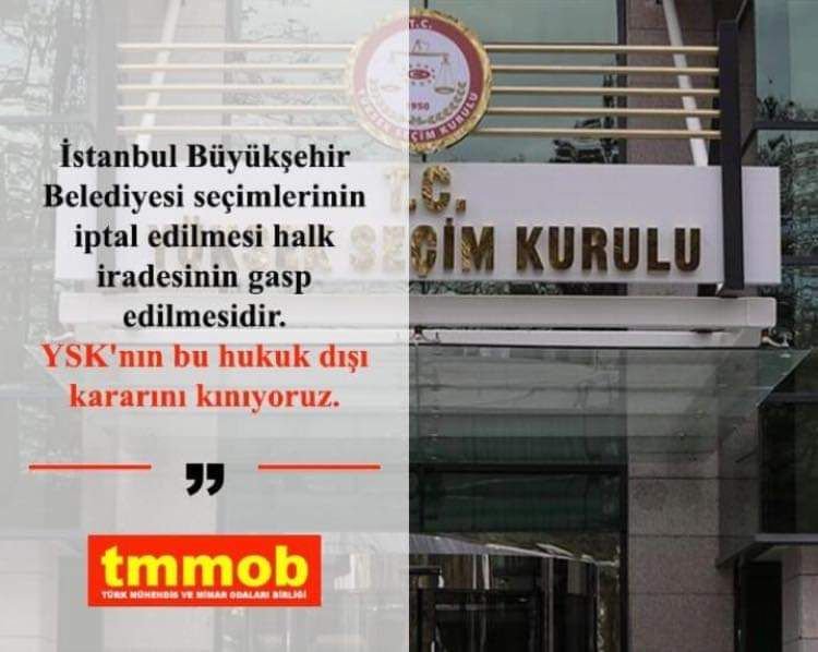 YSK'nın verdigi karar halk iradesine darbedir.
İstanbul Büyükşehir Belediyesi seçimlerinin iptal edilmesi halk iradesinin gasp edilmesidir. YSK'nın bu hukuk dışı kararını kınıyoruz.
  #İstanbul