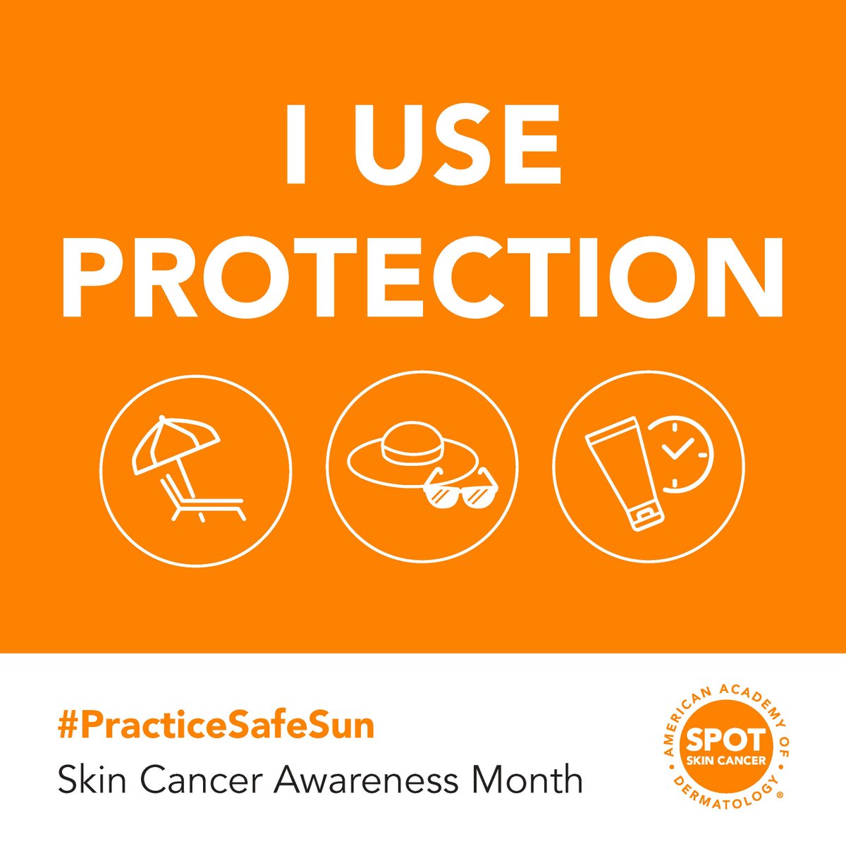 “Do you use protection” is what the AAD is asking the public during #SkinCancerAwarenessMonth — sun protection that is. Help the Academy promote our new SPOT Skin Cancer™ resources and encourage your patients to “practice safe sun” - marketing.aad.org/acton/ct/32948…