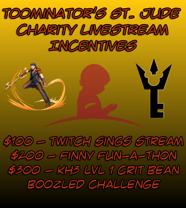 Hey guys! <a href="/KeystoHearts/">Keys to Hearts</a> is raising money for <a href="/StJudePLAYLIVE/">St. Jude PLAY LIVE</a> this month! I set up some pretty cool incentives for donations, including a Twitch Sings stream, a Finny Fun-a-thon (I play KH2 and every $5 I play an Atlantica song) and a KH3 lvl 1 Crit Run (every death I eat a bean).